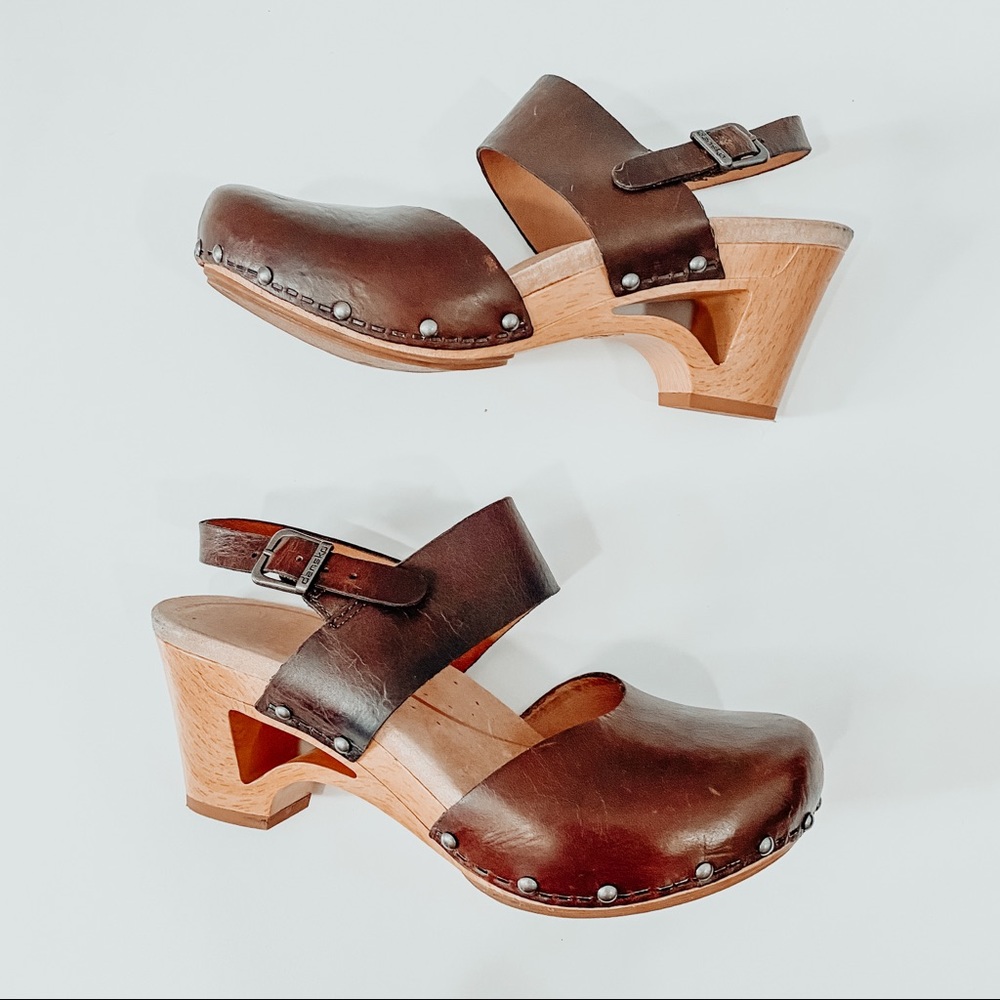 Dansko Thea Brown Leather Wood Wedge Sandals